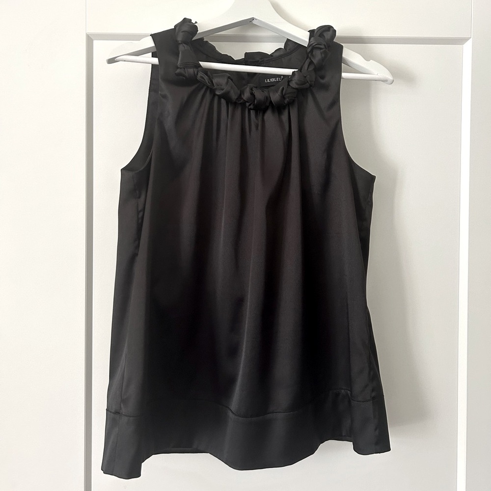 Satin Sleeveless Black Ruffled Blouse